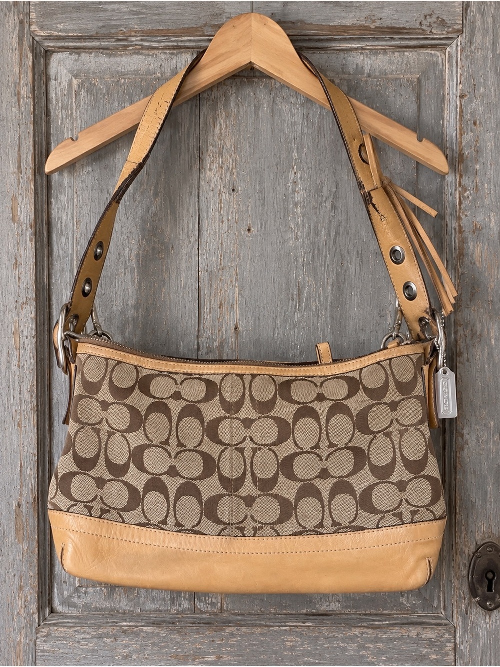 Coach Brown Signature Jacquard Shoulder Bag with Tan Trim